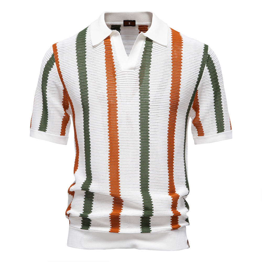 Breathable Striped Men's Polo Shirt Summer Short Sleeve Knit Top