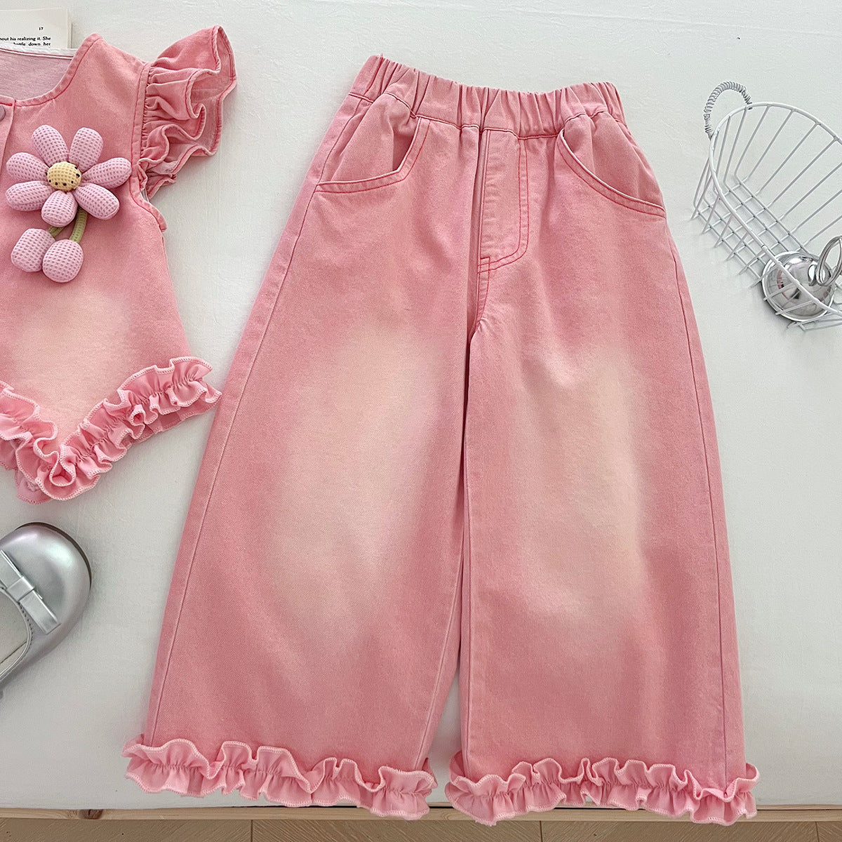 Girls' Denim Set - Flower Top Lace Pants