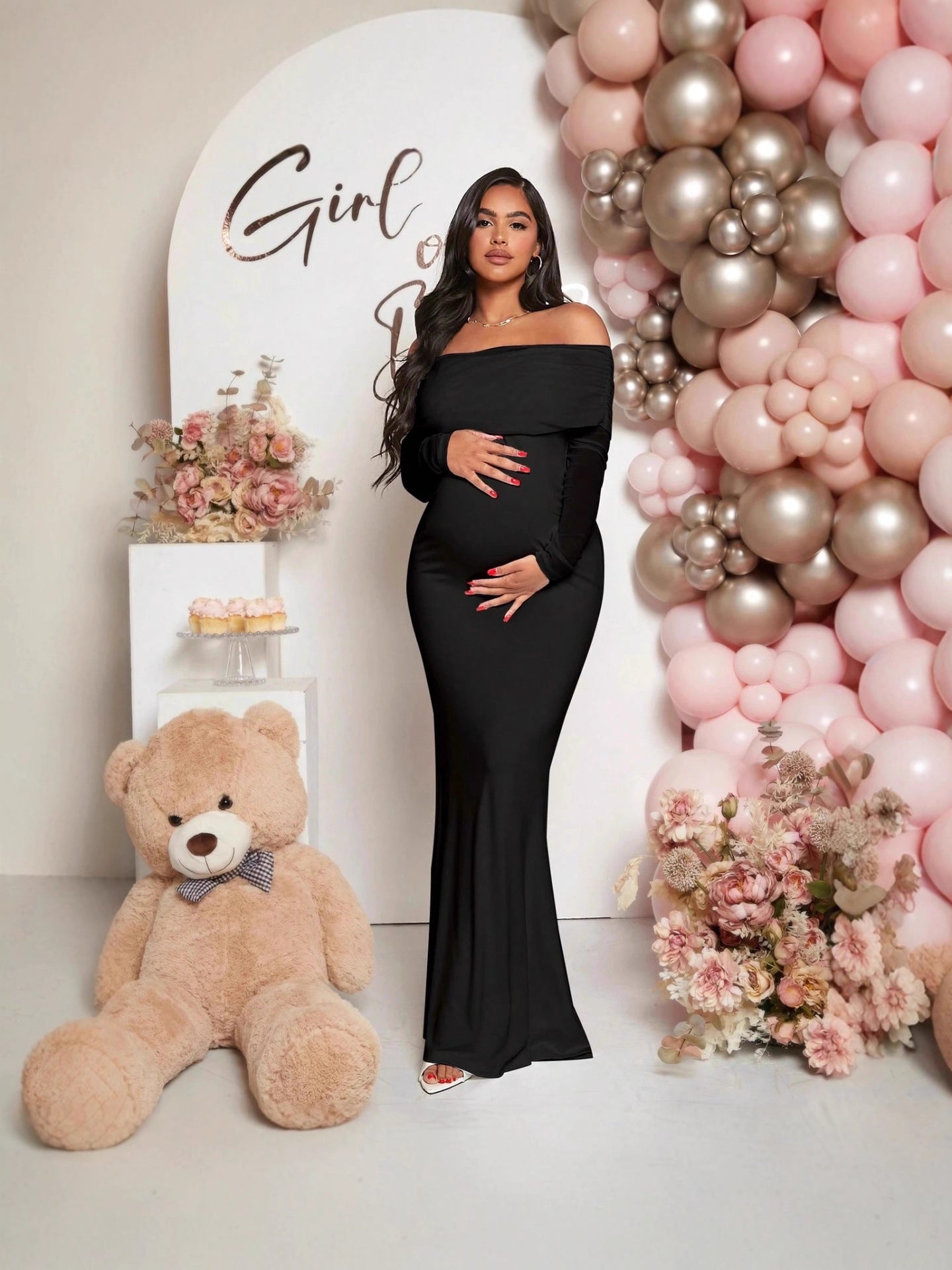Pregnancy-friendly off-shoulder mermaid-style long-sleeve dress
