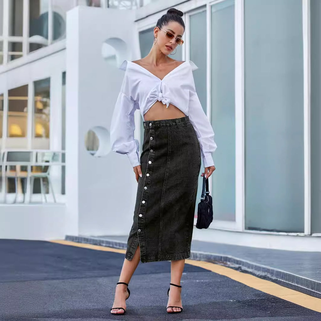 High-waisted split hem denim skirt