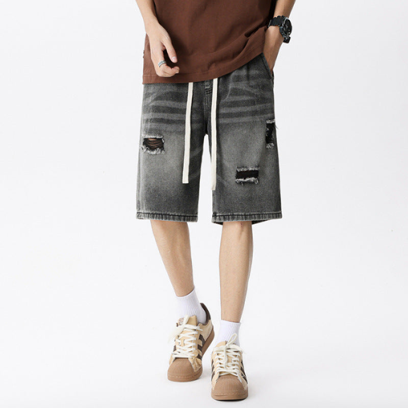 Men's Vintage Blue Denim Shorts with Ripped Details