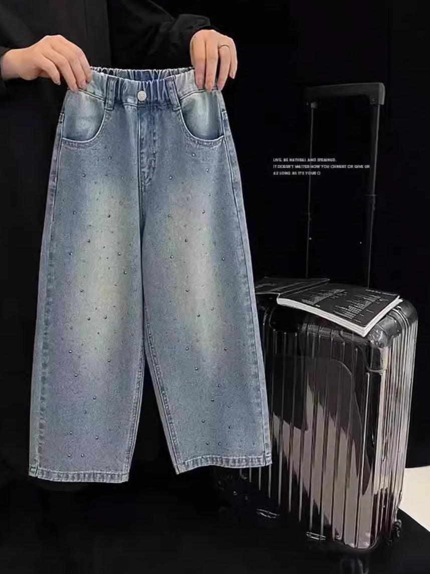 Girls' Rhinestone Wide Leg Denim Pants