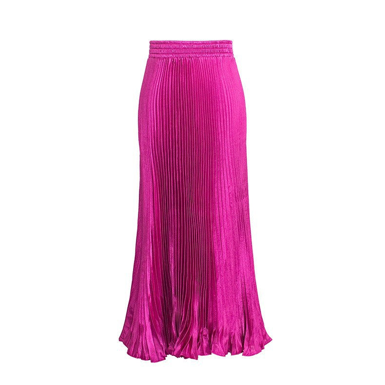 Satin Pleated Midi Skirt High Waist