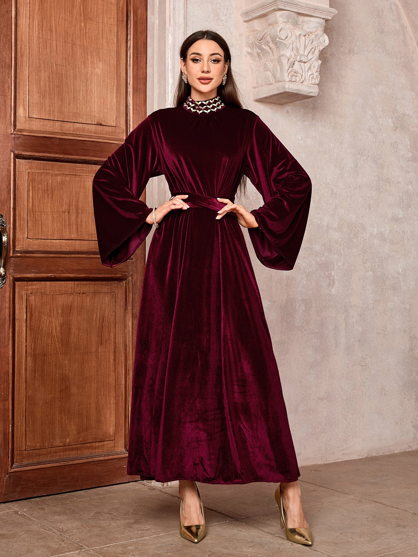 Embroidered trumpet sleeve dress