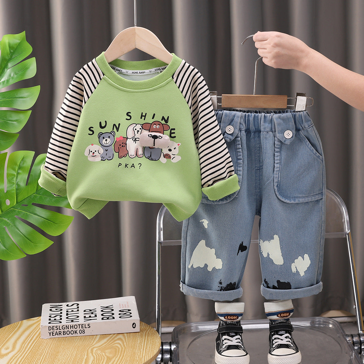 Green and black striped top children's set