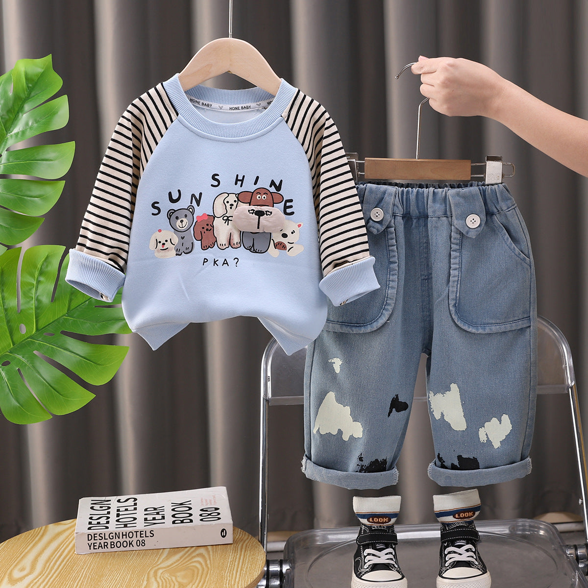 Green and black striped top children's set