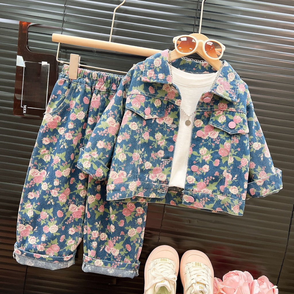 Girls' Floral Print Denim Two-Piece