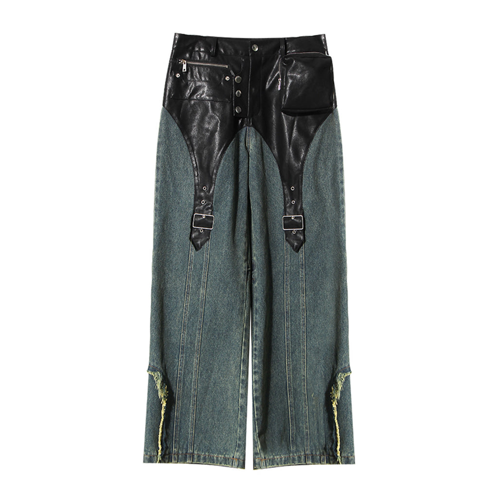Men's Straight Workwear Pants with PU Leather Details
