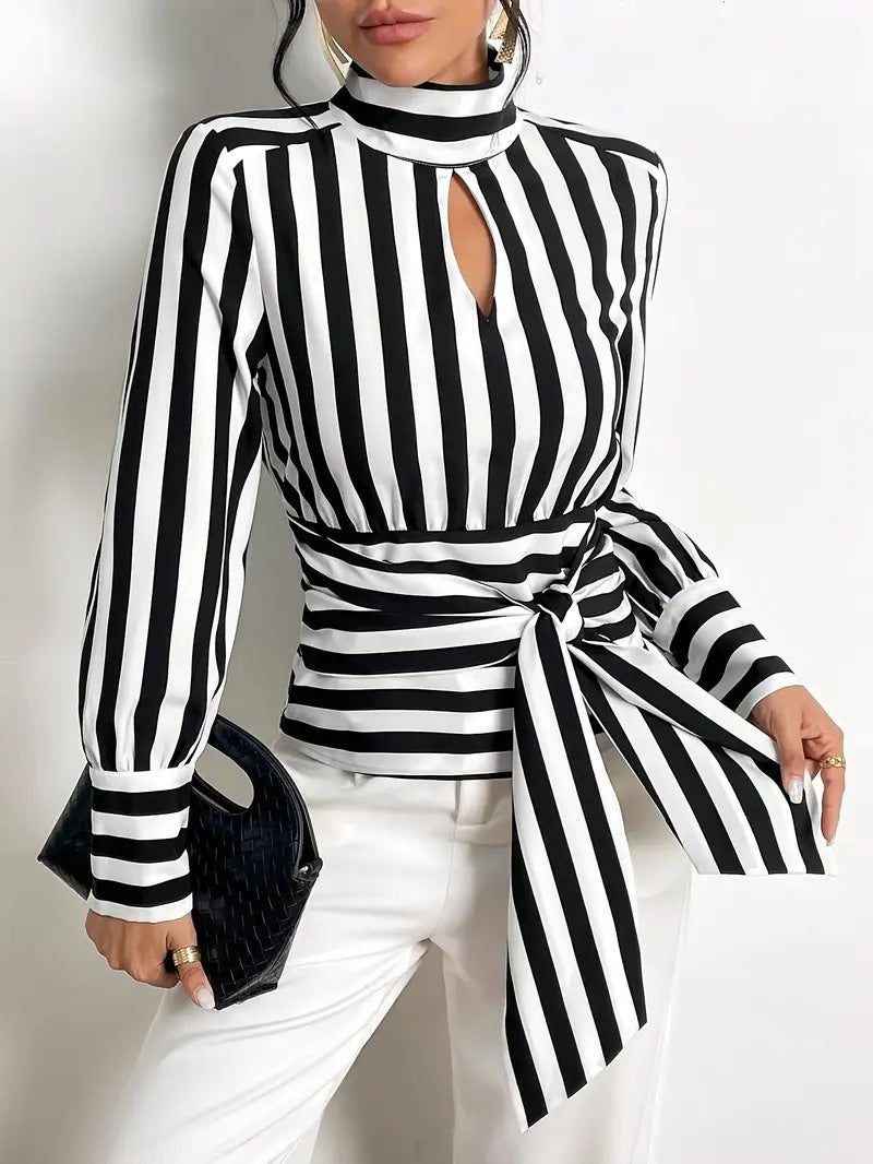 Women's Striped Scarf Collar Blouse
