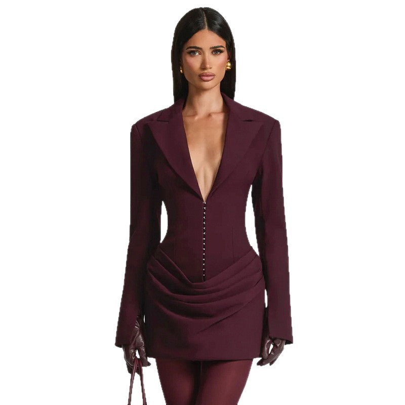 Solid-color deep V-neck dress suit