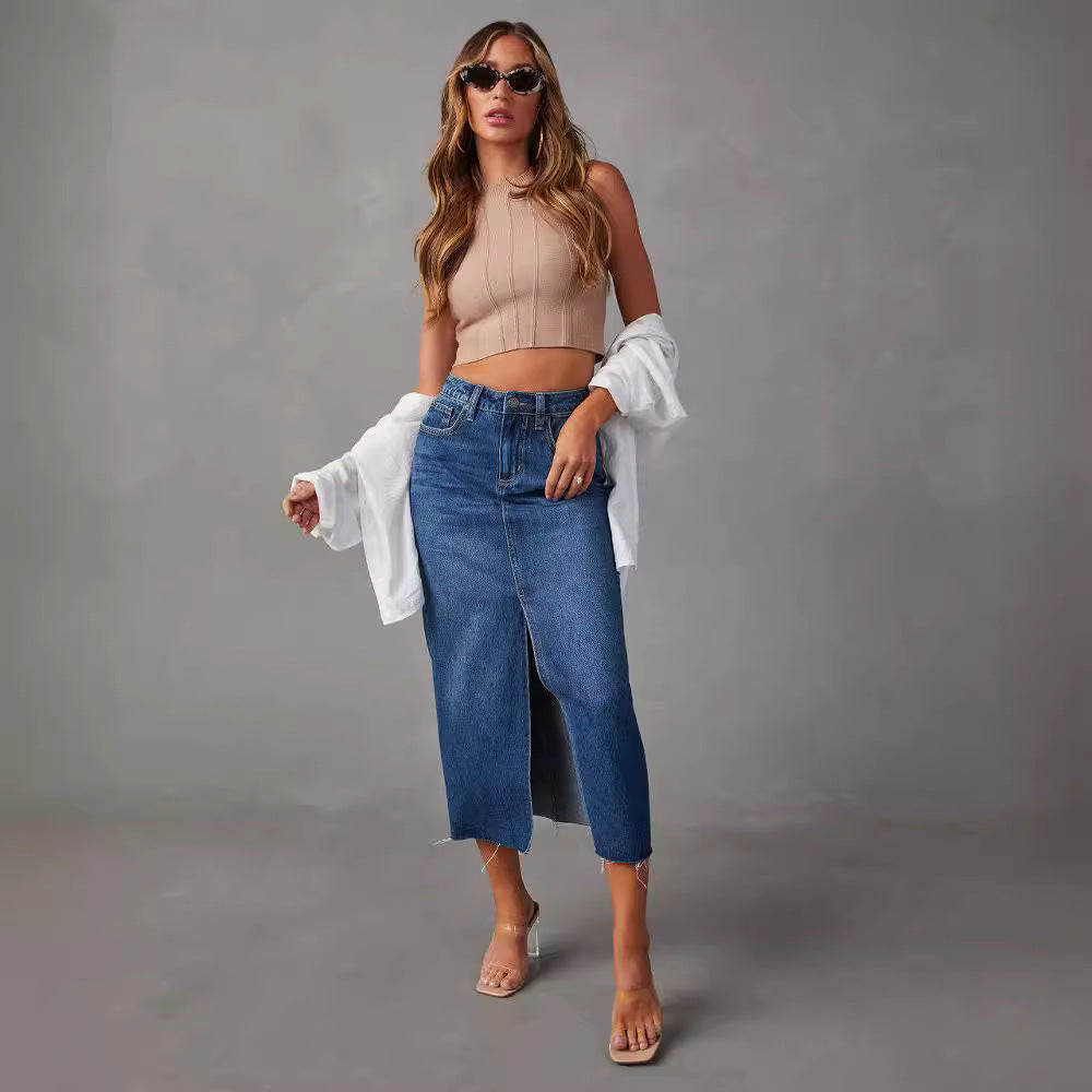 Stylish A-line Denim Skirt with Side Slit