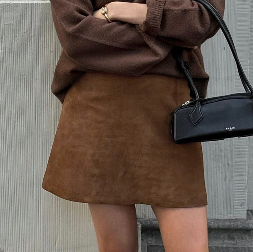 Vintage Brown Knitted Suede High Waist Straight Skirt