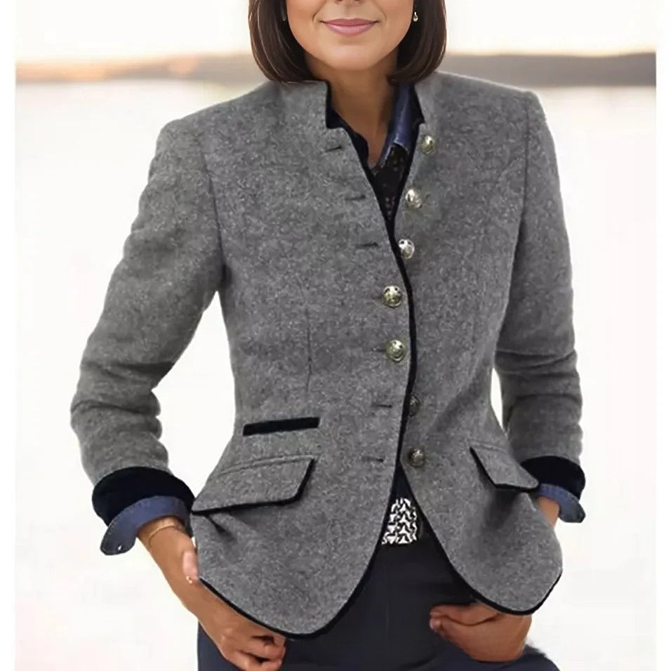 Button color-block woolen coat