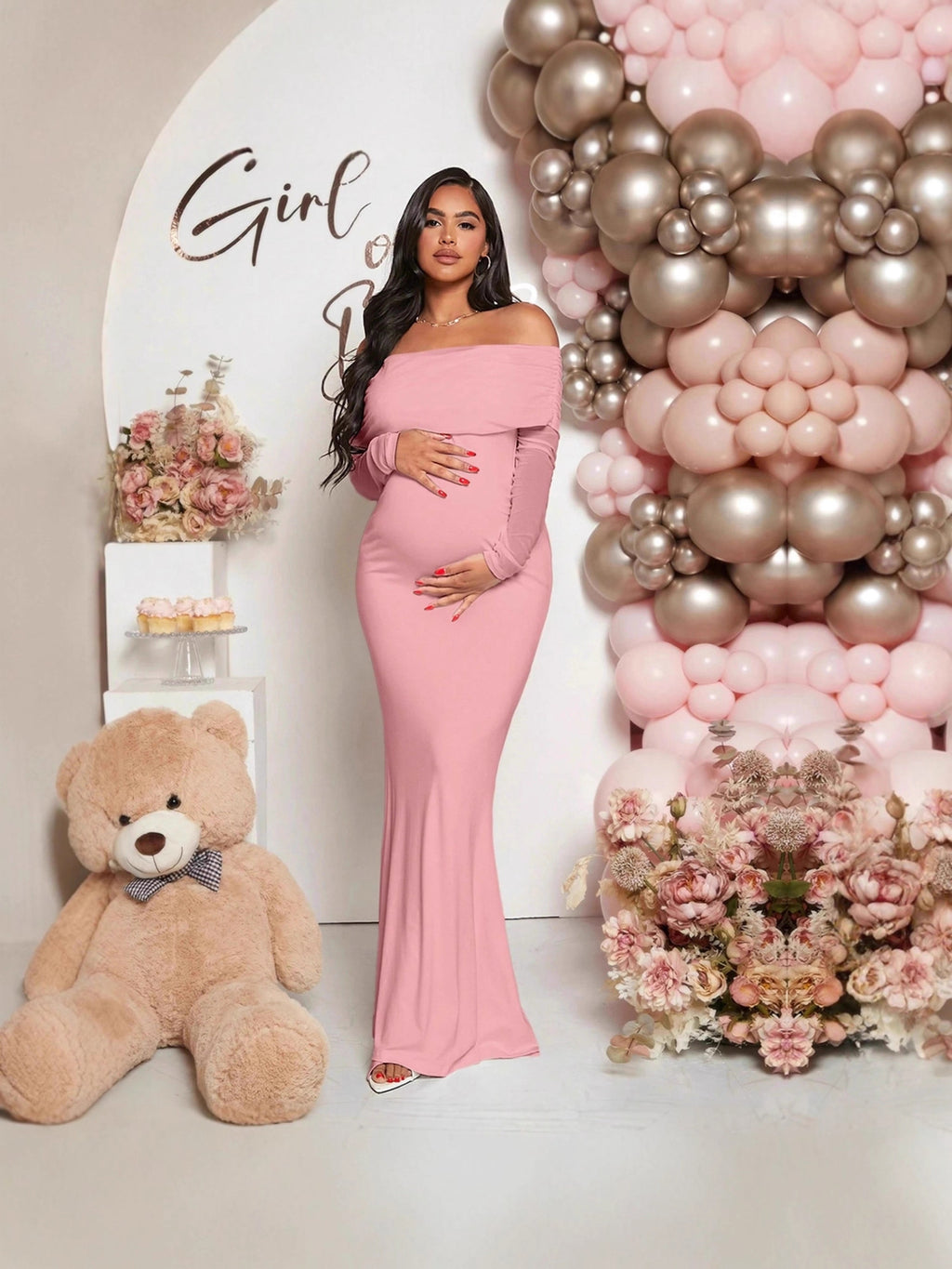 Pregnancy-friendly off-shoulder mermaid-style long-sleeve dress