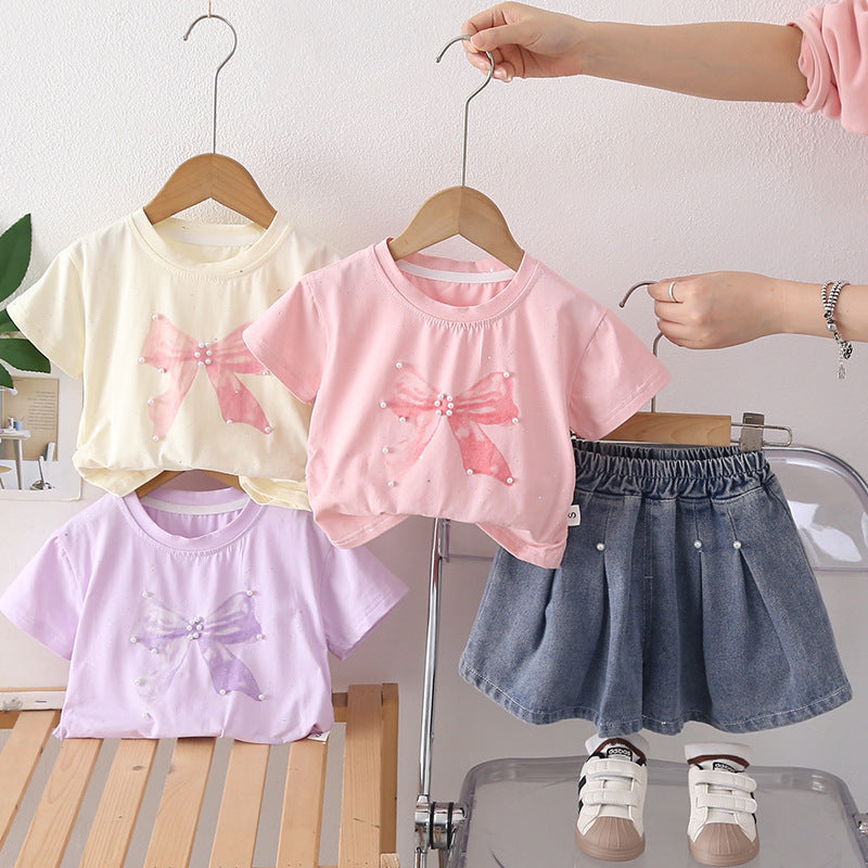 Girls' Short Sleeve Two-Piece Set with Bow