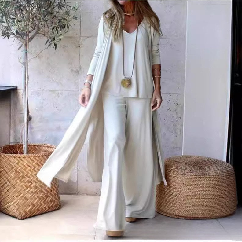 Loose Three-Piece Set with V-Neck Camisole, Long Cardigan, and Straight-Leg Trousers