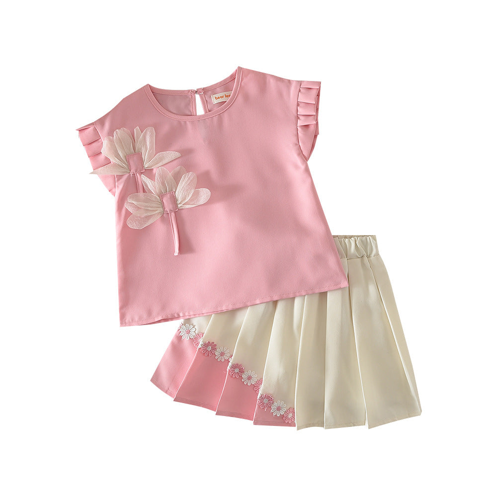 Floral vest pleated skirt - Two-piece set top and shorts with skirt