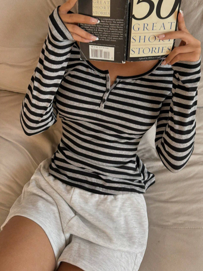 Striped color-blocked off-shoulder long-sleeved T-shirt