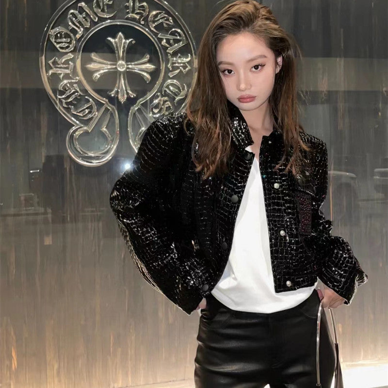 Crocodile pattern genuine leather jacket