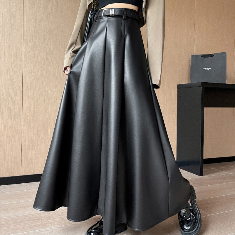 Women's High Waist PU Leather A-Line Skirt