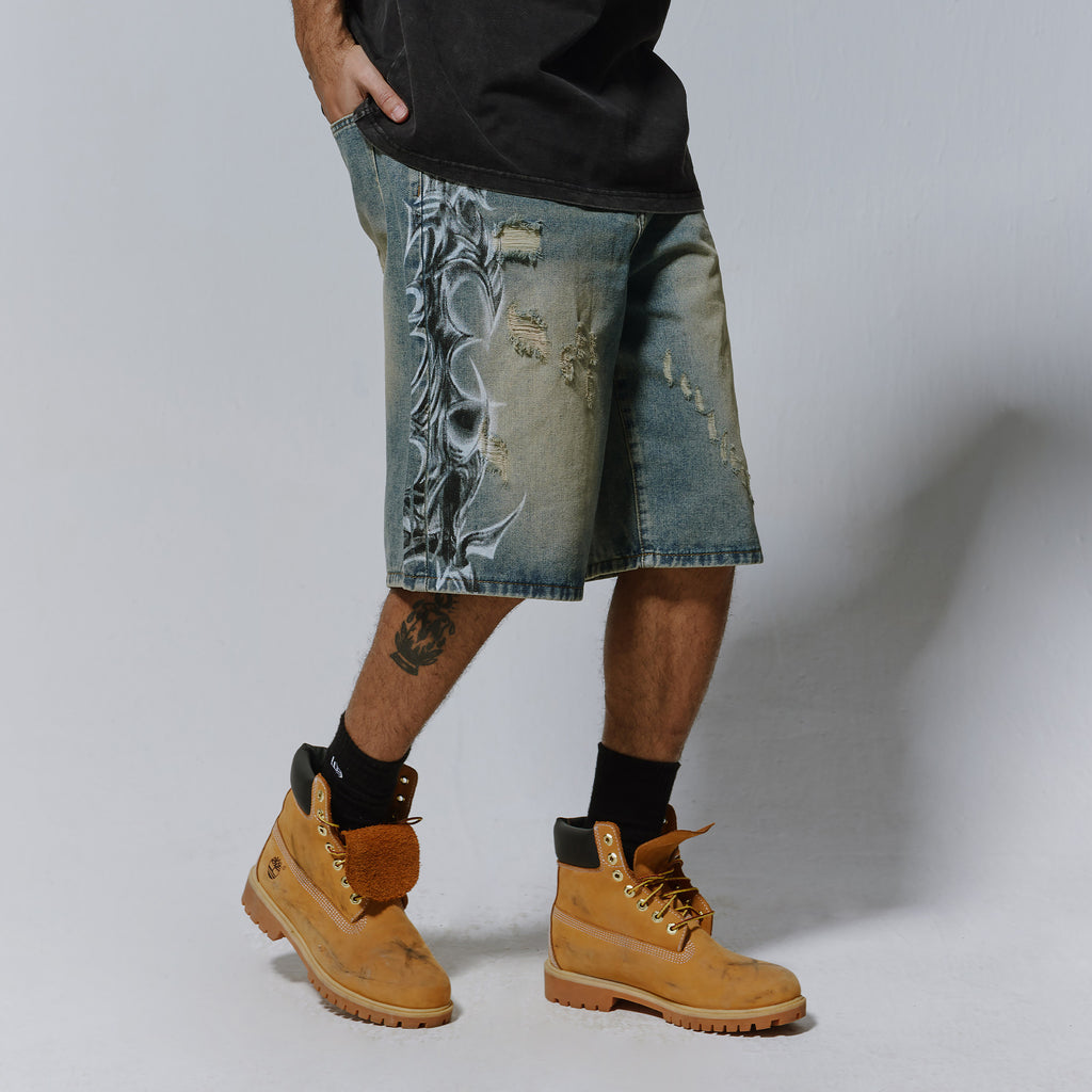 Men's Distressed Spray-Print Denim Shorts