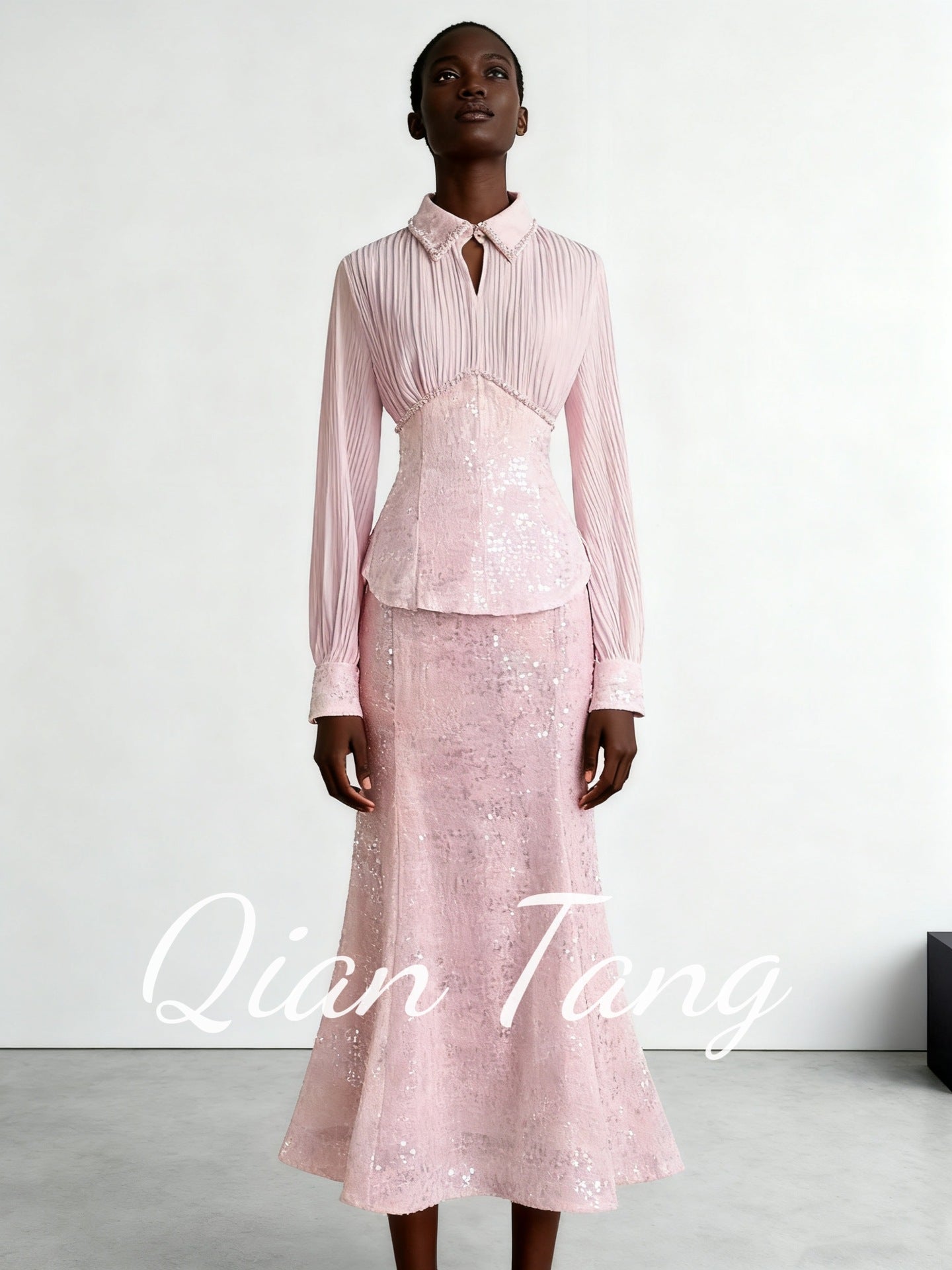 Spliced Shirt and Sequined Fishtail Skirt Set