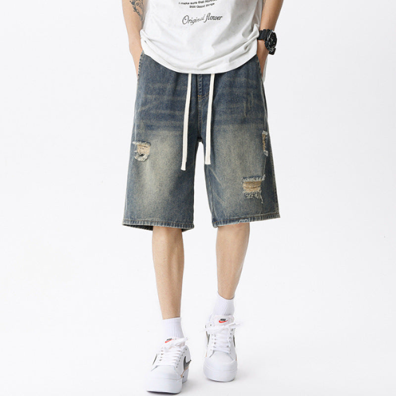 Men's Vintage Blue Denim Shorts with Ripped Details