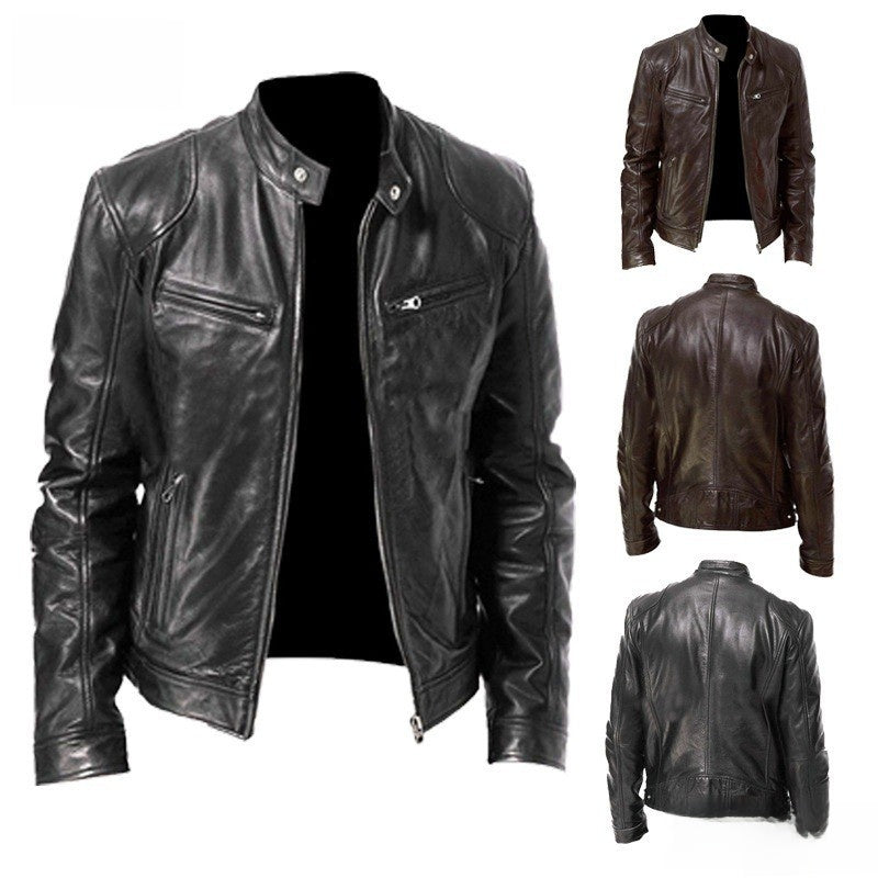 Men's Slim Fit PU Leather Biker Jacket with Zipper Pocket