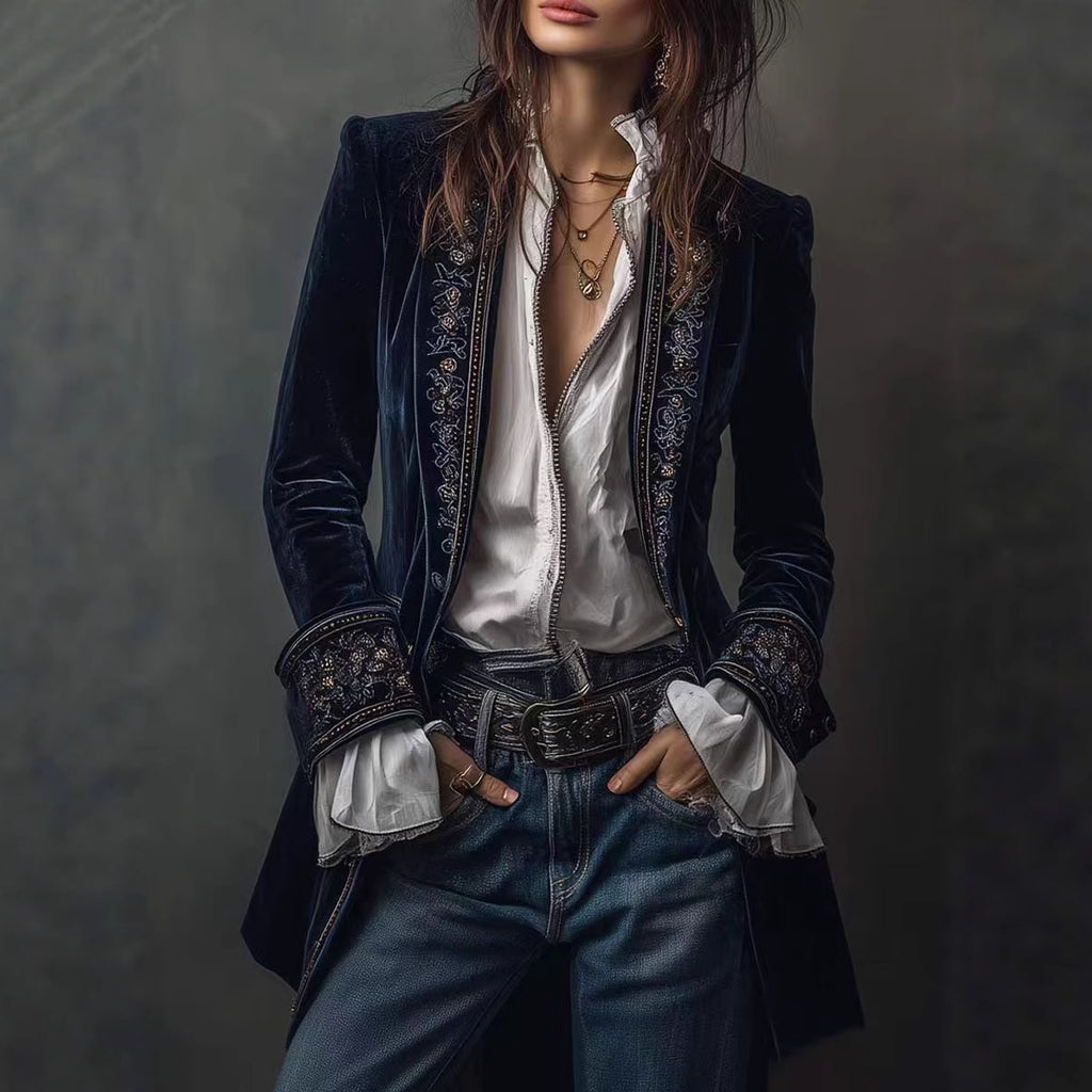 Long Sleeve Solid Color Patchwork Gold Velvet Jacket