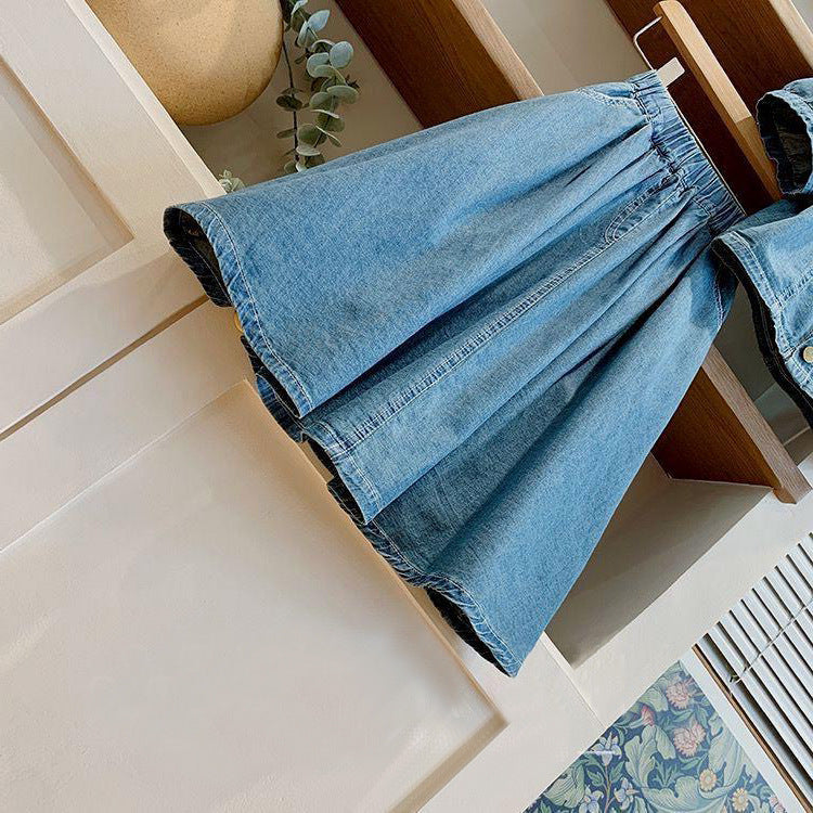 Girls' French Style Denim Skirt Suit - Two-Piece Skirt Suit