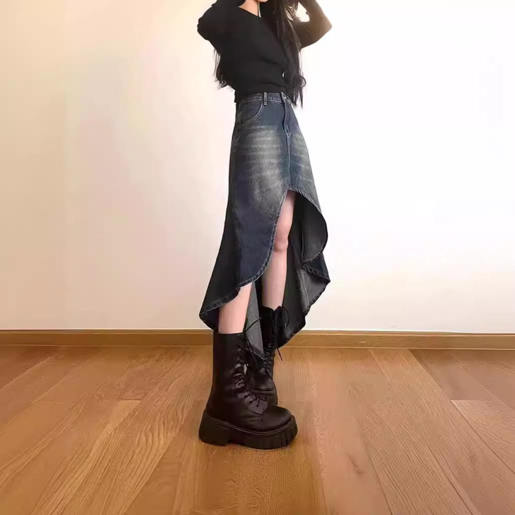 Retro High Waist Fishtail Denim Skirt