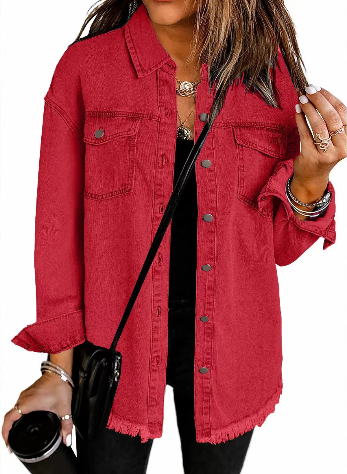 Washed Denim Shirt Jacket with Frayed Hem