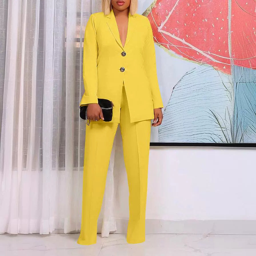 Women's Solid Color Suit Collar Two-Piece Set