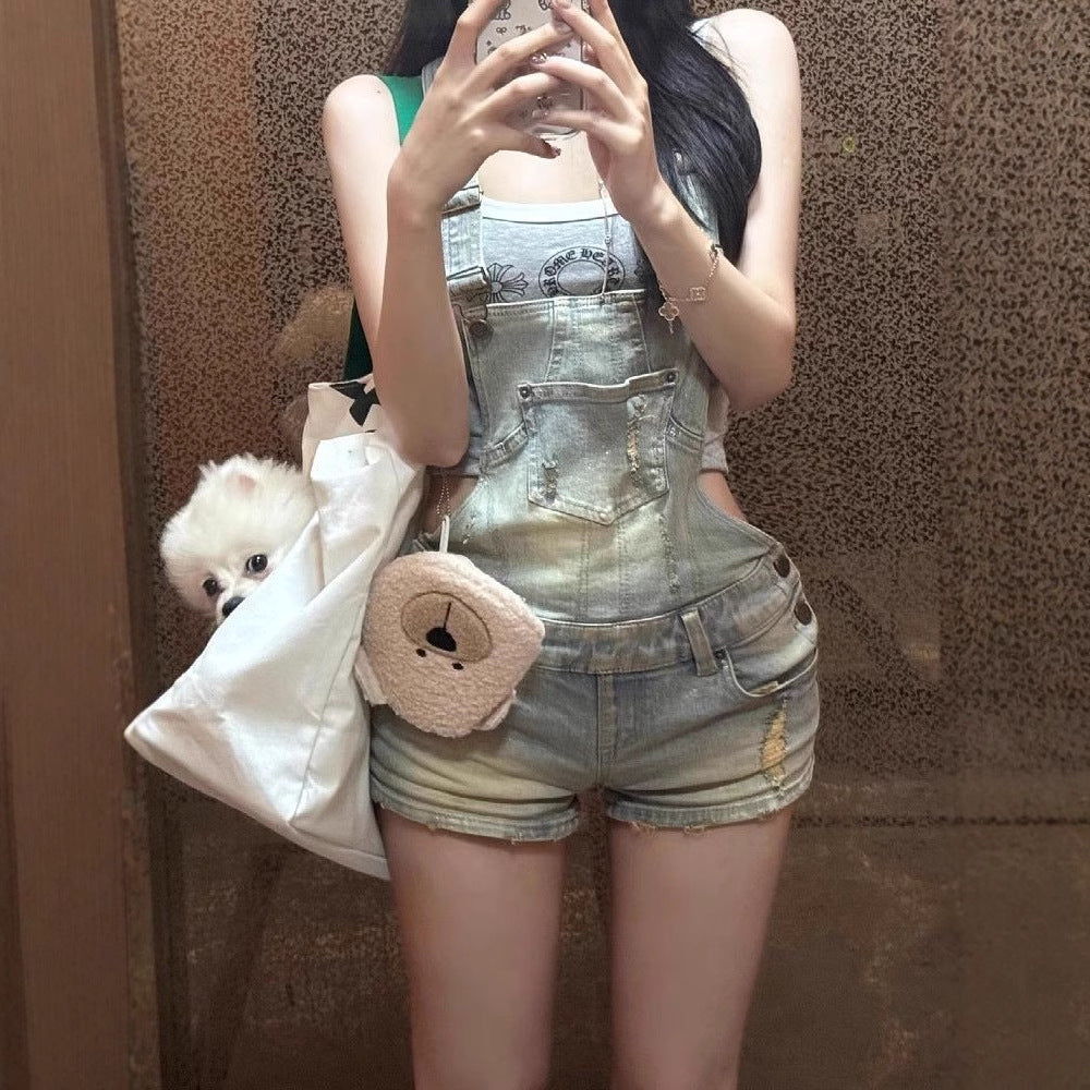 Women's denim overall shorts