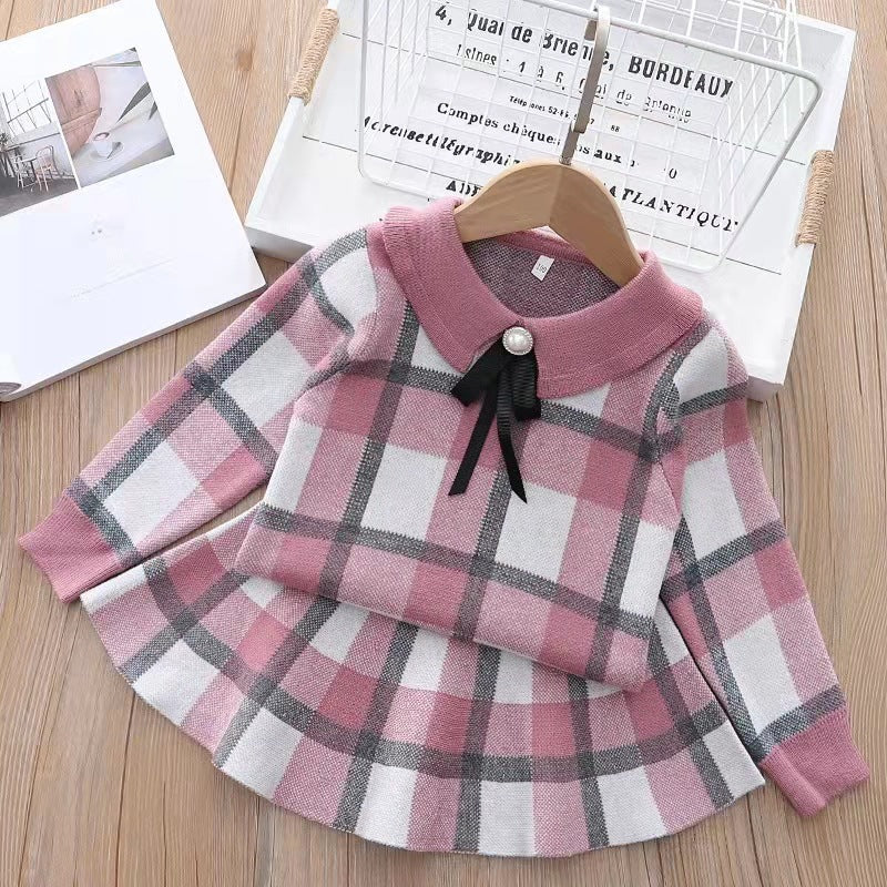 Kids' Knitted Plaid Sweater and Skirt Set