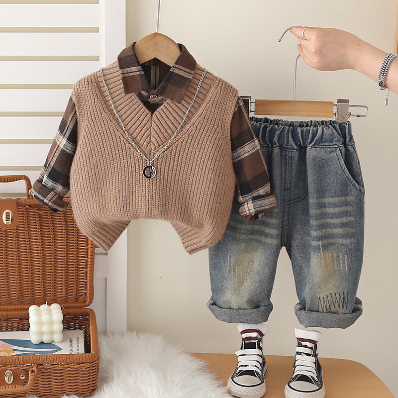 Boys' Plaid Shirt Vest Trousers Set