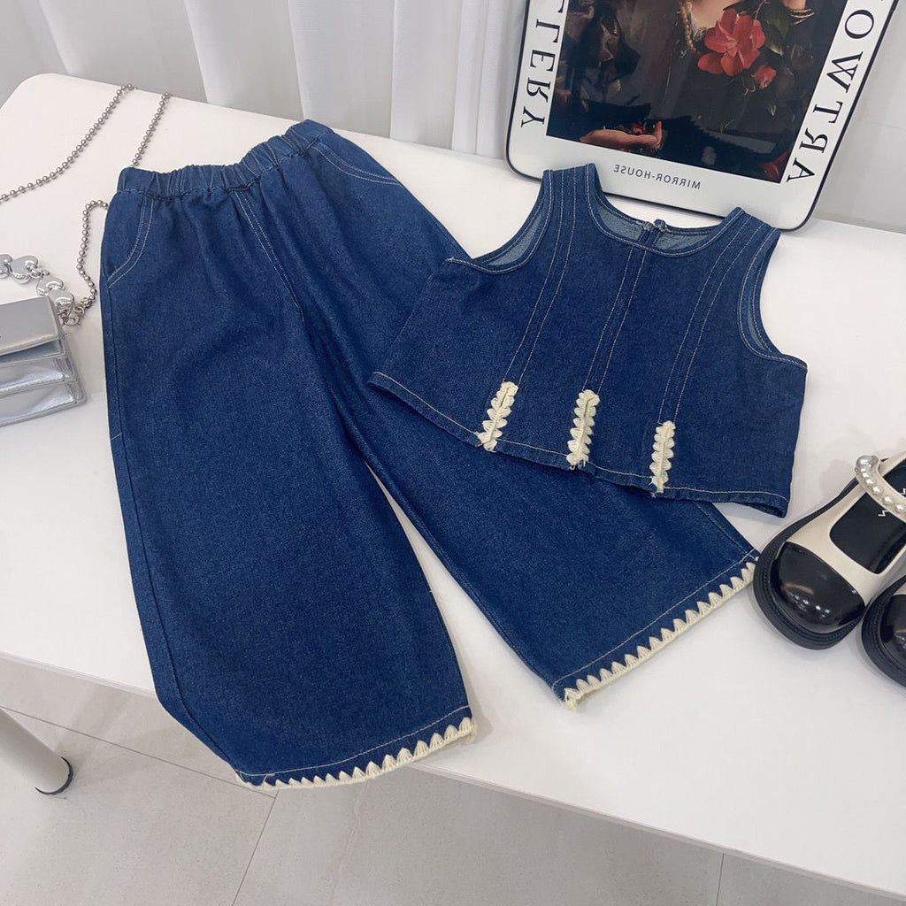 Girls' Denim Vest Wide-Leg Pants Three-Piece Set