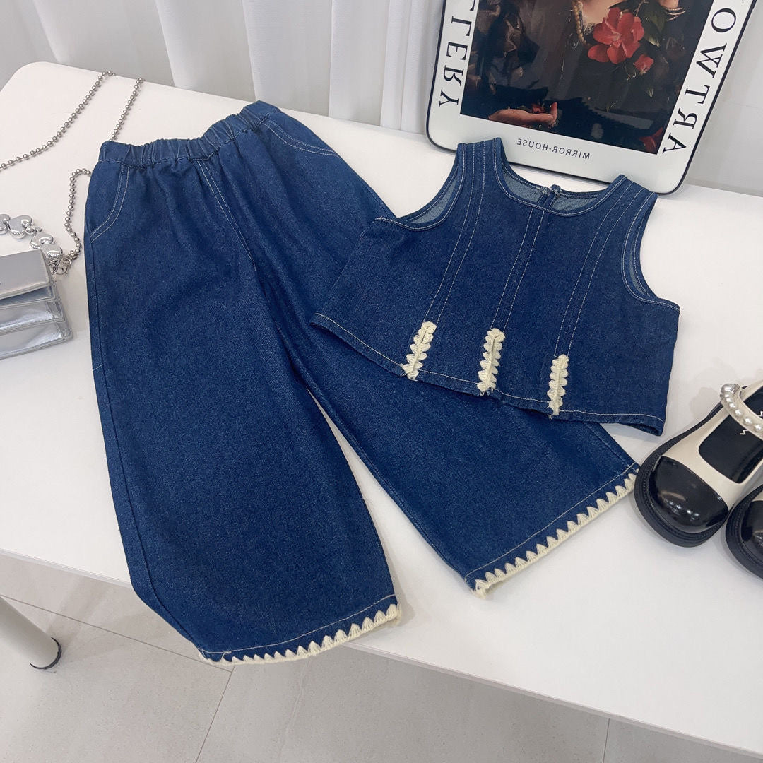 Girls' Denim Vest Wide-Leg Pants Three-Piece Set