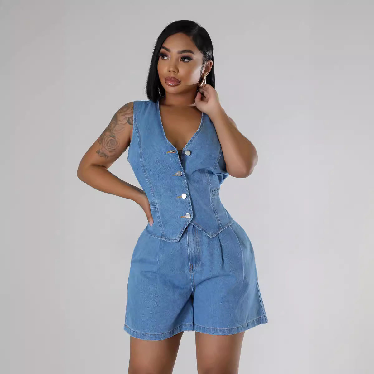 Short denim shorts with no sleeves and a high waist