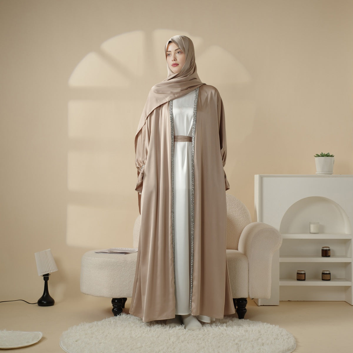 Skirt cuff with diamond abaya women's robe set inner dress, matching belt, and headscarf