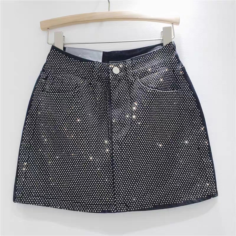 Heavyweight sequined denim half-length skirt