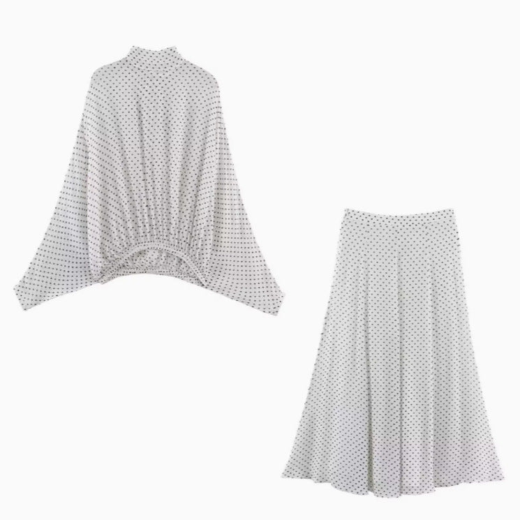 Butterfly Bow Blouse and Polka Dot Maxi Skirt Set
