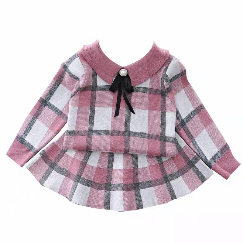 Kids' Knitted Plaid Sweater and Skirt Set