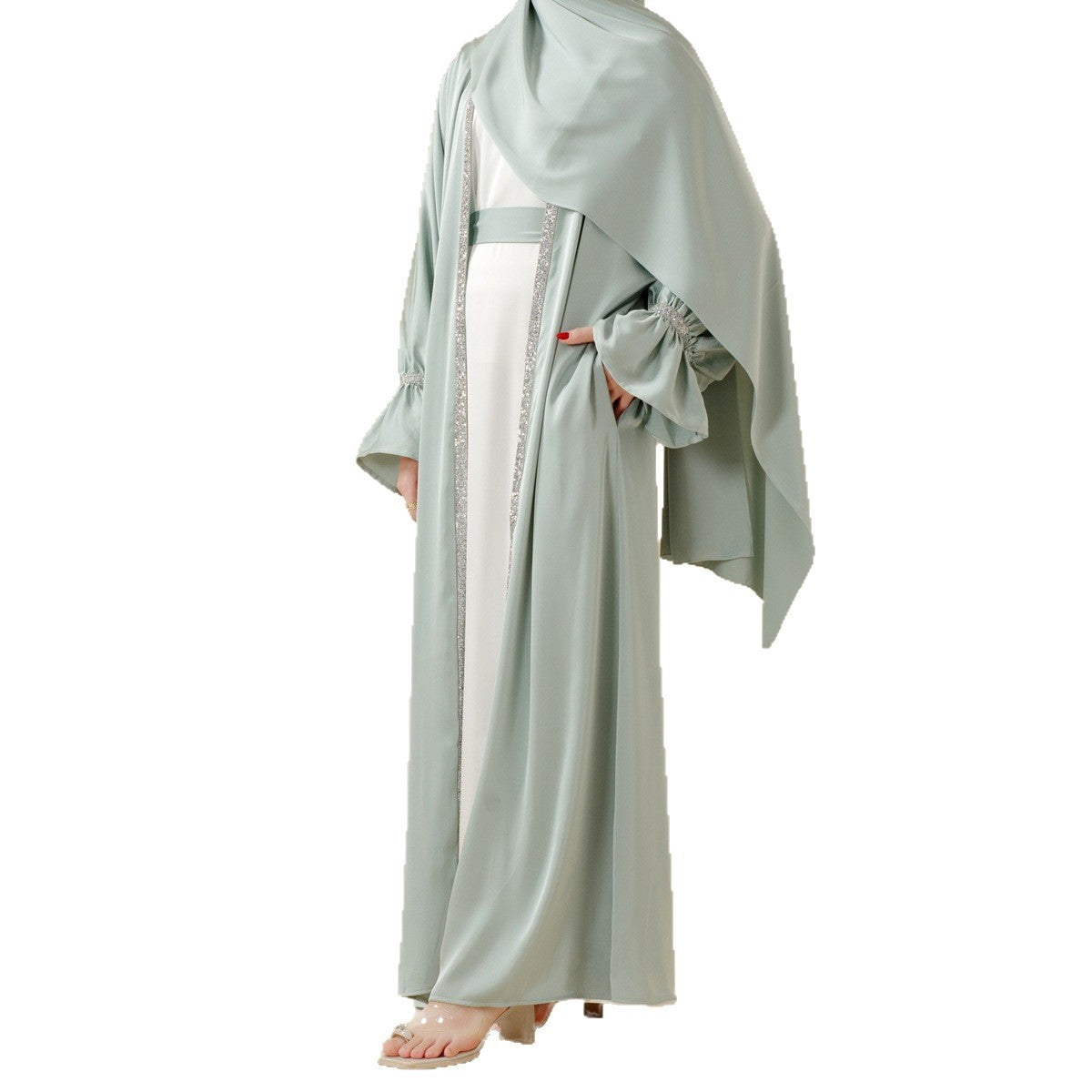 Skirt cuff with diamond abaya women's robe set inner dress, matching belt, and headscarf