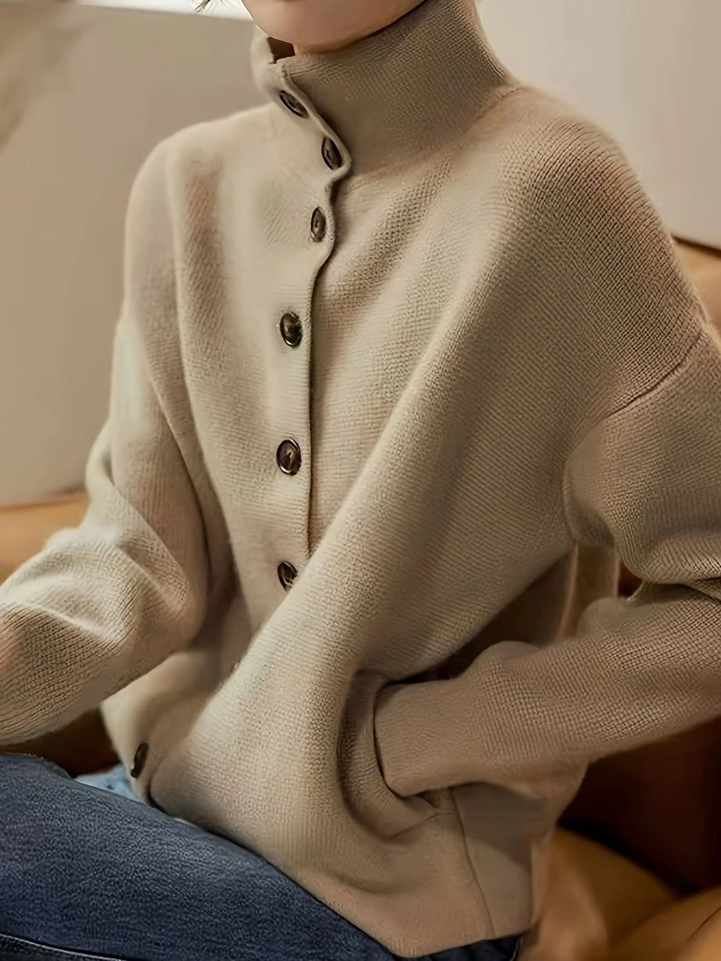 Stand-Up Collar Long-Sleeved Knitted Cardigan