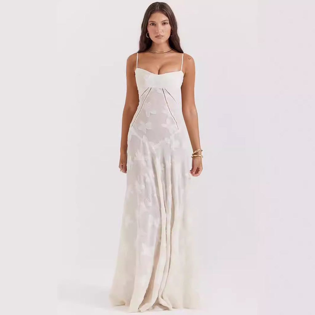 French Lace Strap Dress Women Elegant Long Skirt