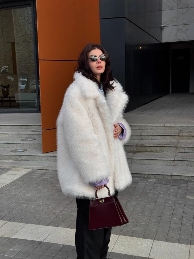 Women's Faux Fur Mid-Length Coat with Extended Collar