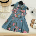 Girl's Sleeveless Floral Print Denim Dress