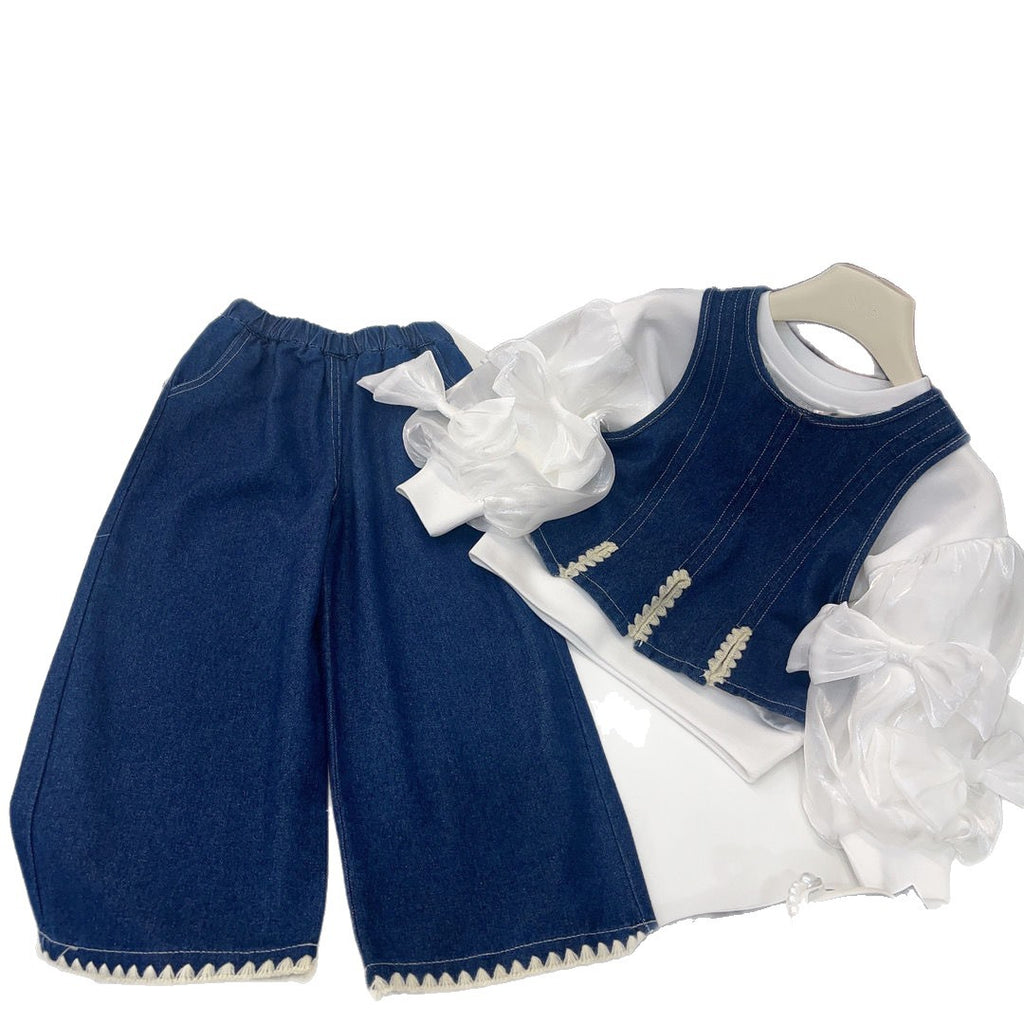 Girls' Denim Vest Wide-Leg Pants Three-Piece Set