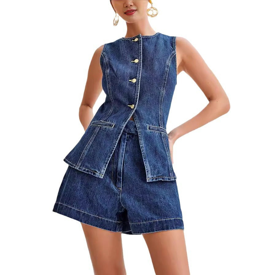 Women's Denim Sleeveless Top and Shorts Set